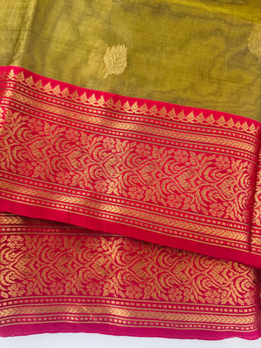 Chanderi Silk Saree | Handwoven | Silk | Light Moss Green & Pink | Gold Zari | Ships from California